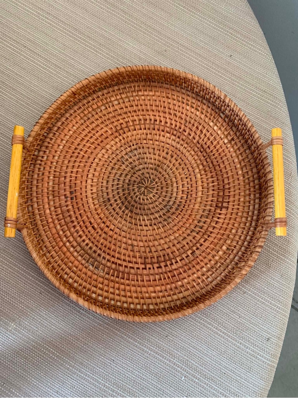 Woven Rattan Serving Tray with Bamboo Handles 12” Round Boho Wicker Decor